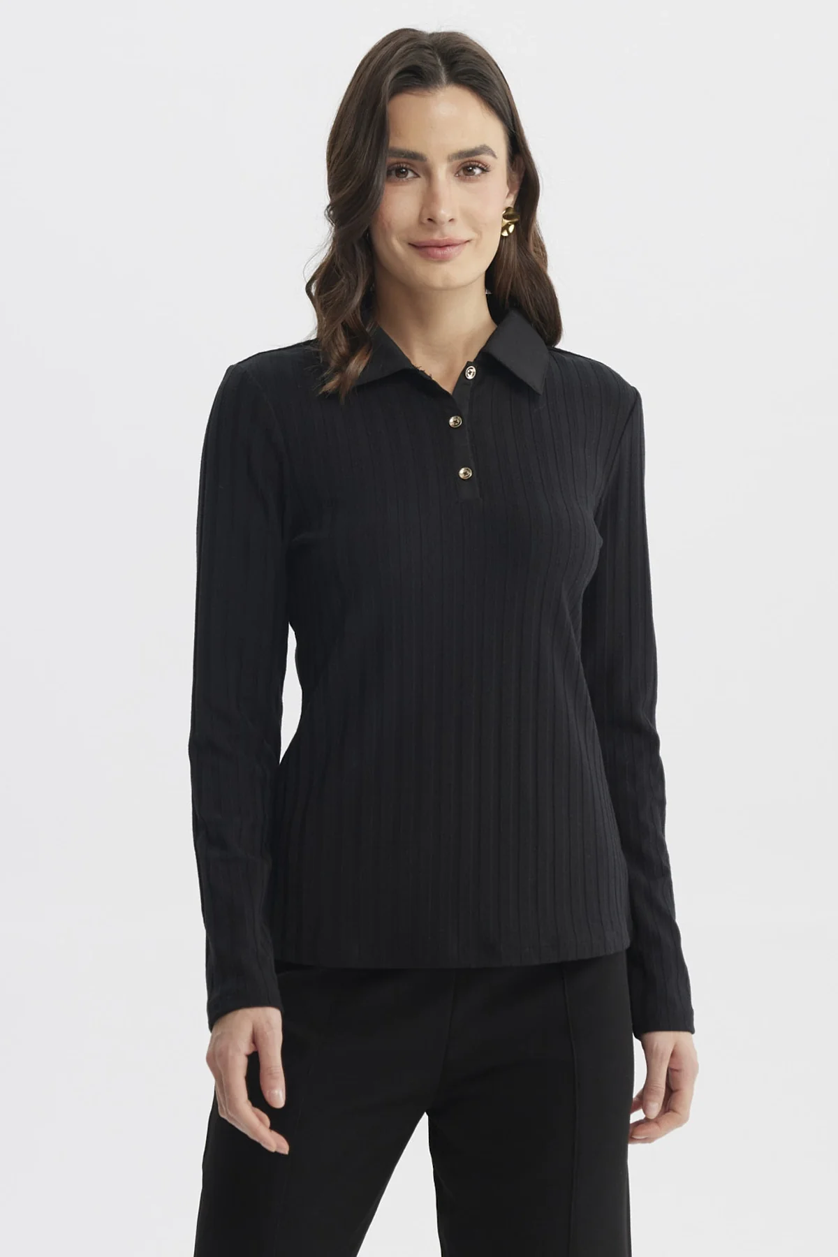Polera Mujer Cuello Camisero Negro